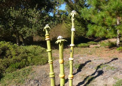 Aliensus Sexuada Greengodda   Shaw Installation Description: As described in “The Field Guide to Alien Botanicals,” Sexuada is the only aliensus to reproduce through pollination.  Their structural nodes contain genetic information that allow them to regenerate  when cut and also help support their heavy structure.  Sexuada produces chorofil. Width: 15” x Height: 68” Stoneware and Porcelain